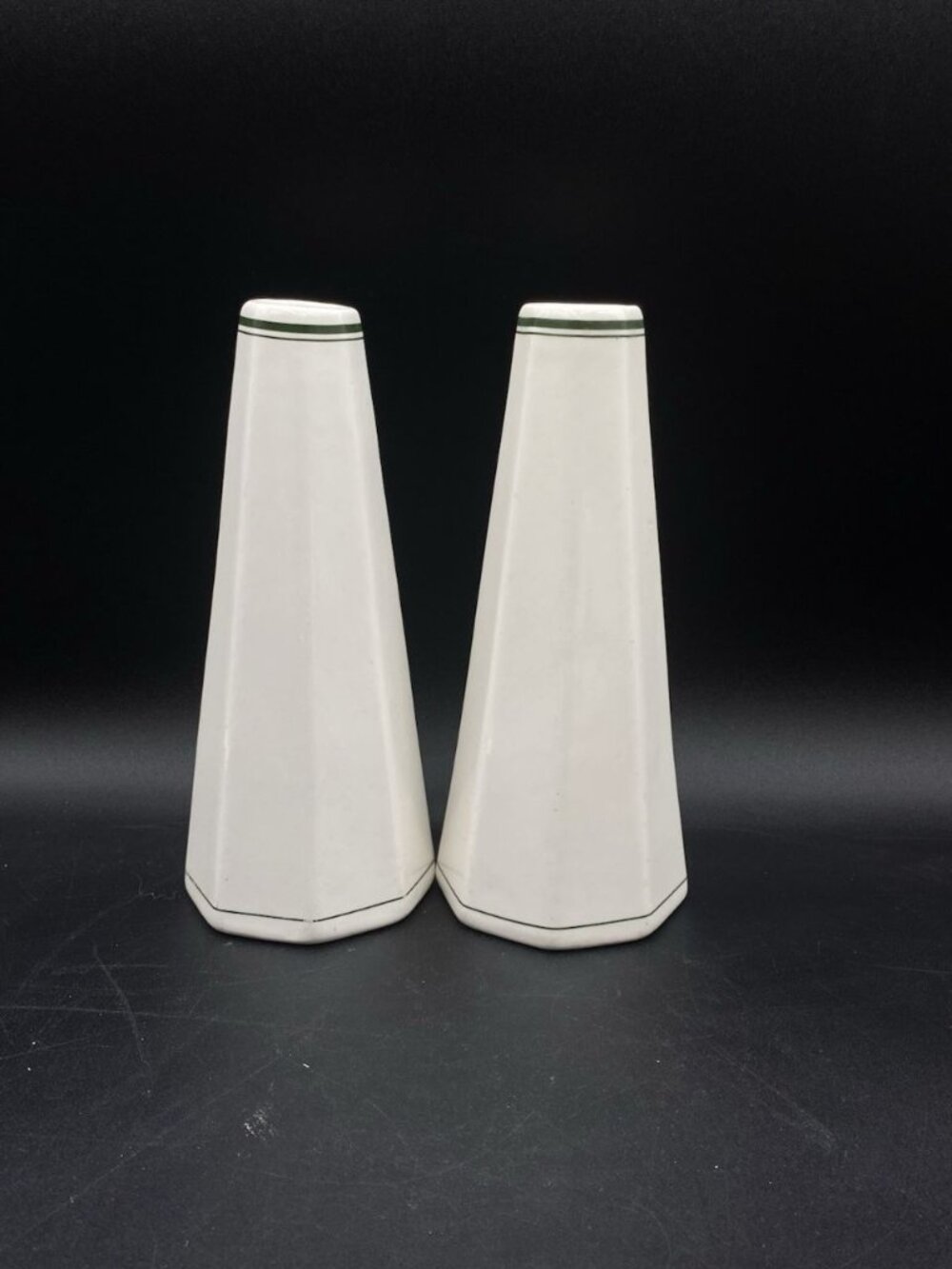 2 Old Medallion Sterling China Green Band Octagonal Railroad Restaurant Bud Vase